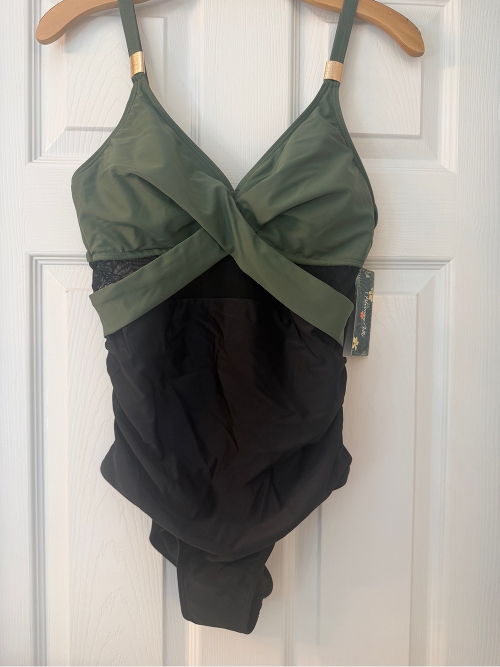 Olive Green and Black criss cross Front One-Piece Swimsuit